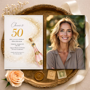 Verjaardagsfoto 50 jaar Pink Goud Champagne Kaart