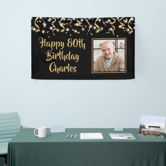 Verjaardagsfoto Black Gold Confetti Streamers Spandoek (Beurs)