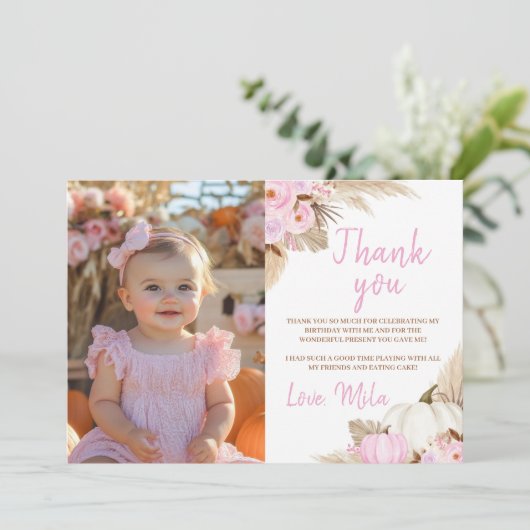 Verjaardagsfoto dank je kaart voor kleine pompoenm (Staand voorkant)