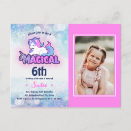 Verjaardagsfoto eenhoorn roze paars 6 jaar briefkaart