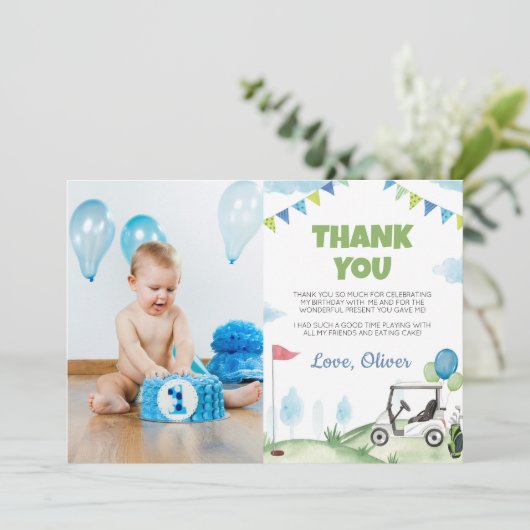 Verjaardagsfoto golfjongen bedankkaart (Staand voorkant)