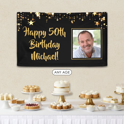 Verjaardagsfoto Gouden Sterren Aangepaste Kleur Spandoek