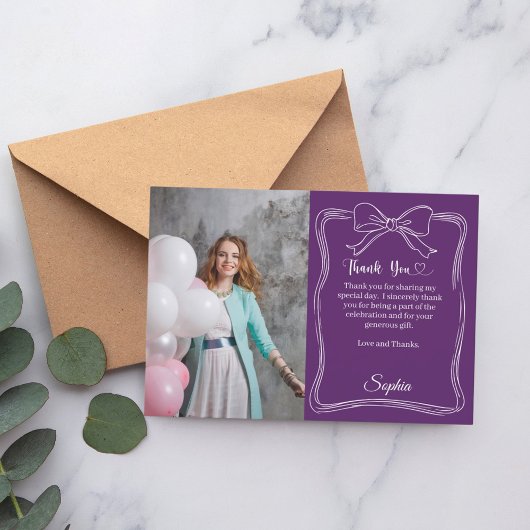 Verjaardagsfoto handgeschreven boeg paarse bedankkaart