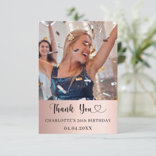 Verjaardagsfoto hart roos goud bedankkaart (Staand voorkant)