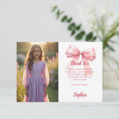 Verjaardagsfoto meisje roze strik wit bedankkaart (Staand voorkant)