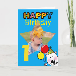 Verjaardagsfoto met beer en ballonnen voor 1e verj kaart