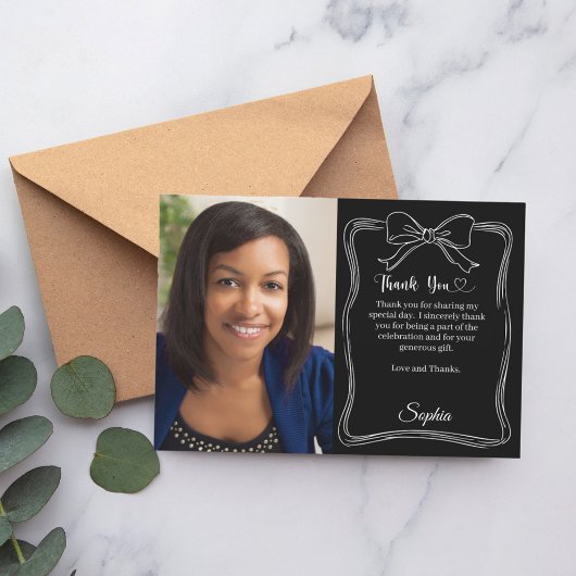 Verjaardagsfoto met de hand geschreven boog zwart bedankkaart