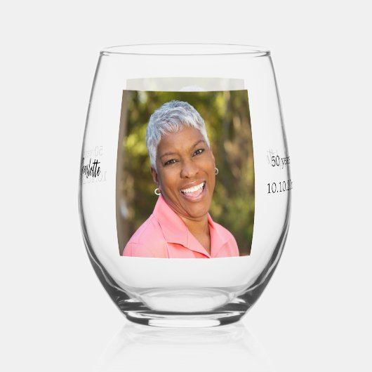 Verjaardagsfoto naam leeftijd wijnglas zonder voet (Voorkant)