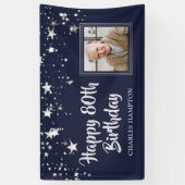 Verjaardagsfoto Navy Blue Silver Stars Naam Spandoek (Verticaal)