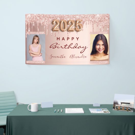 Verjaardagsfoto roos gouden glitter twee vrienden  spandoek (Beurs)