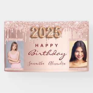 Verjaardagsfoto roos gouden glitter twee vrienden spandoek