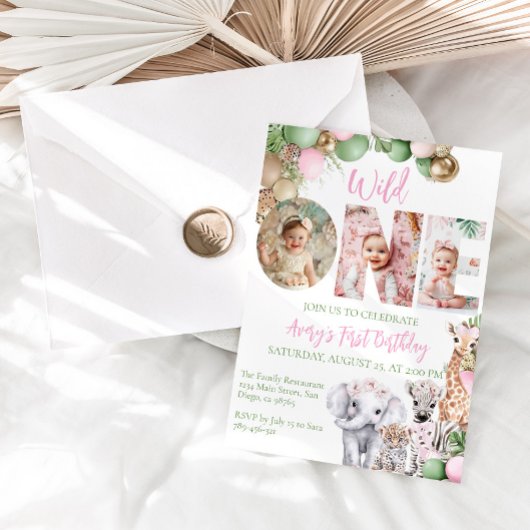 Verjaardagsfoto Roze Meisje Safari Dier Wild One Kaart