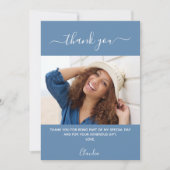 Verjaardagsfoto stoffig blauw bedankje kaart (Voorkant)