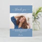 Verjaardagsfoto stoffig blauw bedankje kaart (Staand voorkant)