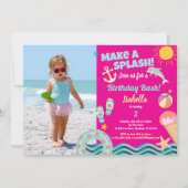 Verjaardagsfoto uitnodiging roze zwembadfeestje me (Voorkant)