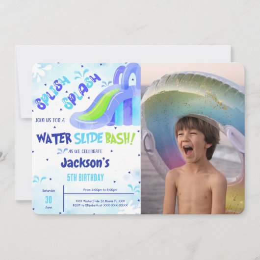 Verjaardagsfoto uitnodiging voor waterglijbaan (Voorkant)
