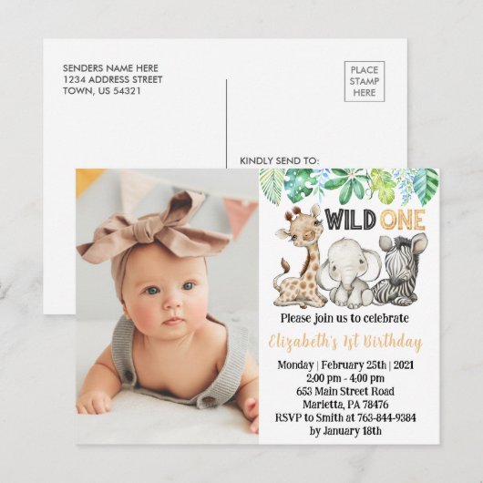 Verjaardagsfoto uitnodiging 'Wilde Dieren Safari' (Voorkant / Achterkant)