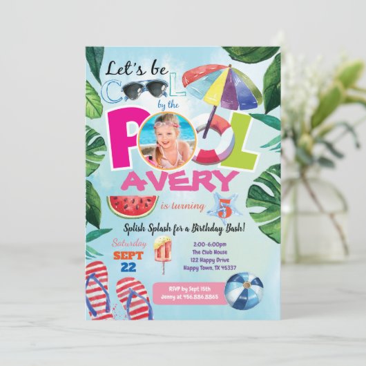 verjaardagsfoto van het meisje-poolfeest kaart (Staand voorkant)