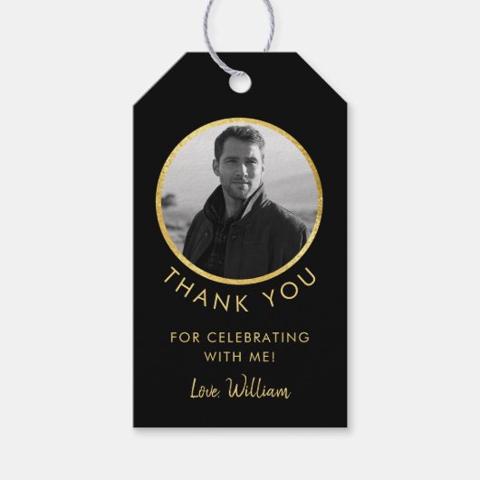 Verjaardagsfoto zwart en goud cadeaulabel (Voorkant)