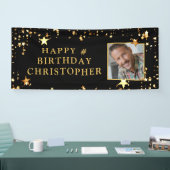 Verjaardagsfoto Zwart Goud Sterren Gepersonaliseer Spandoek (Beurs)