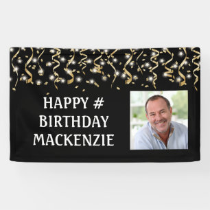 Verjaardagsfoto Zwart Goud Streamers Gepersonalise Spandoek