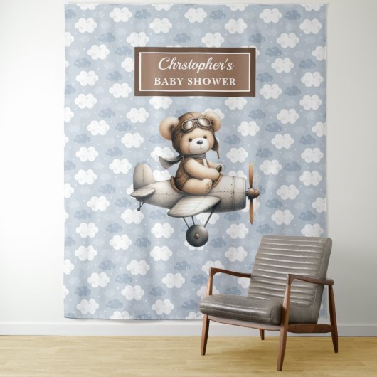 Verjaardagsfotobanner met vrolijke teddybeer piloo wandkleed (In situ)