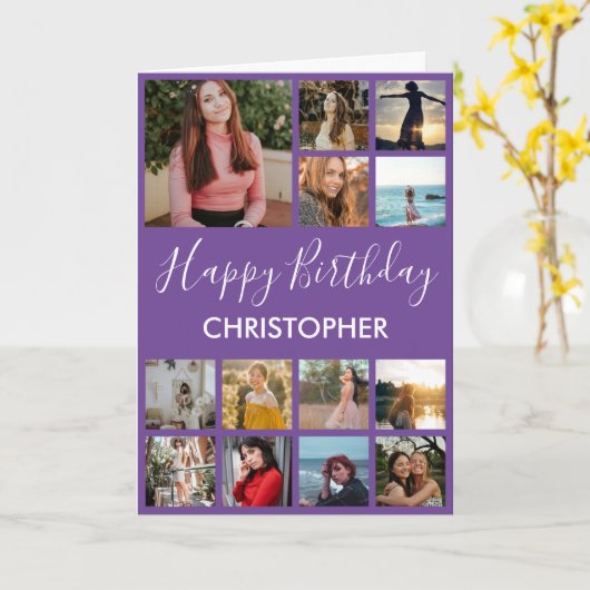 Verjaardagsfotocollage 13 foto's paars kaart (Gele Bloem)