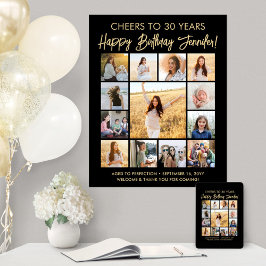 Verjaardagsfotocollage modern zwart en goud poster