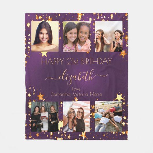 Verjaardagsfotocollage paarse gouden beste vriende fleece deken (Voorkant)