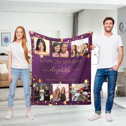 Verjaardagsfotocollage paarse gouden beste vriende fleece deken