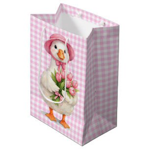 Verjaardagsgans met roze tulpen op geruit motief medium cadeauzakje