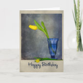 verjaardagsgele tulp in blauw glas kaart (Voorkant)