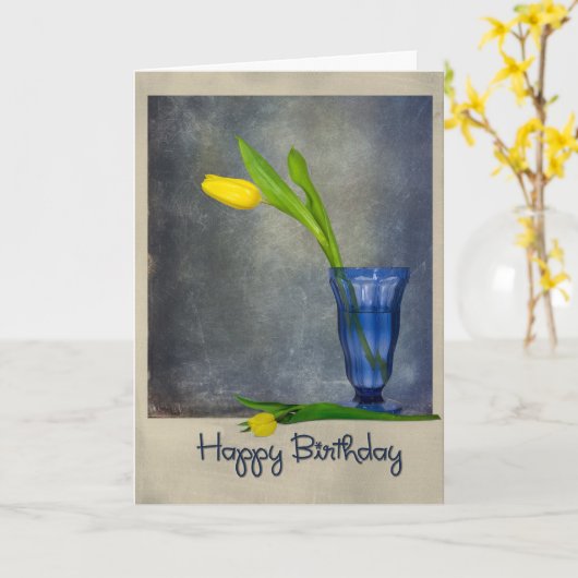 verjaardagsgele tulp in blauw glas kaart (Gele Bloem)