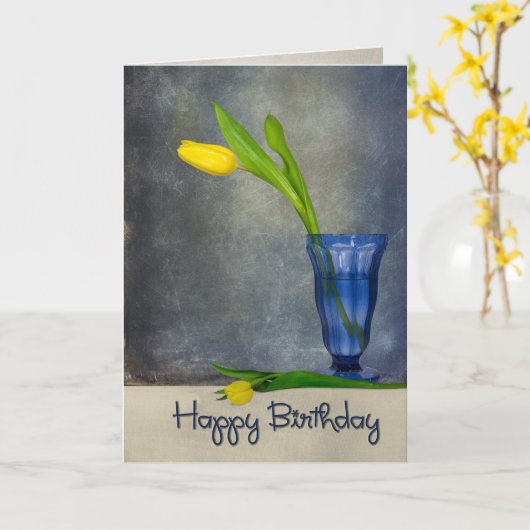 verjaardagsgele tulp in blauw glas kaart (Gele Bloem)