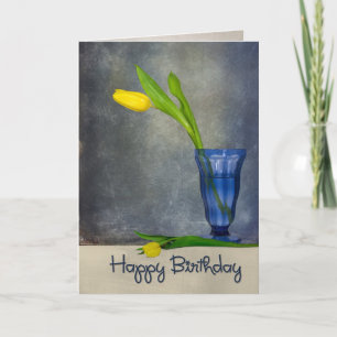 verjaardagsgele tulp in blauw glas kaart