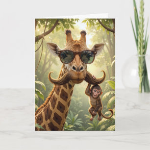 Verjaardagsgiraffe met snor en aap kaart