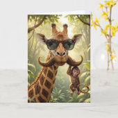 Verjaardagsgiraffe met snor en aap kaart (Gele Bloem)