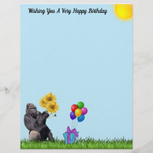 Verjaardagsgorilla met ballonnen en zonnebloemen