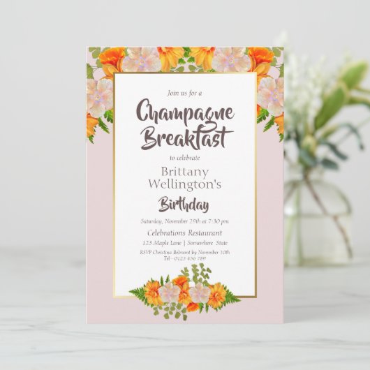Verjaardagsgoud Blush Florale Champagne Ontbijt Kaart (Staand voorkant)