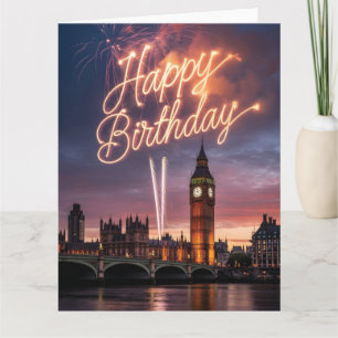 Verjaardagsgroet met vuurwerk in Londen stadsgezic Kaart