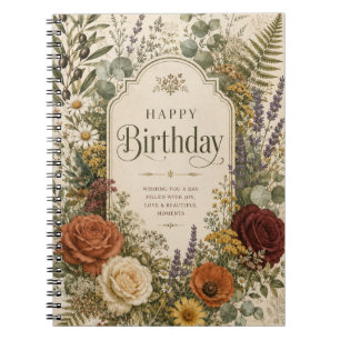 Verjaardagsgroet met wilde bloemen en olijftakken notitieboek