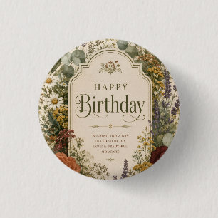 Verjaardagsgroet met wilde bloemen en olijftakken ronde button 3,2 cm