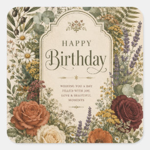 Verjaardagsgroet met wilde bloemen en olijftakken vierkante sticker