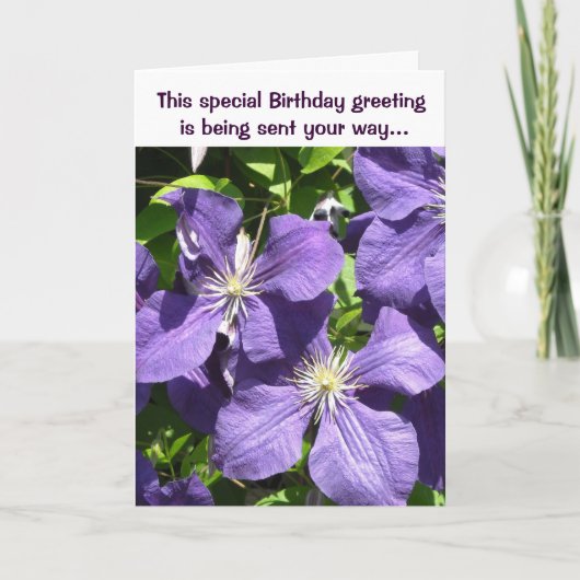 Verjaardagsgroet Paarse Clematis Kaart (Voorkant)