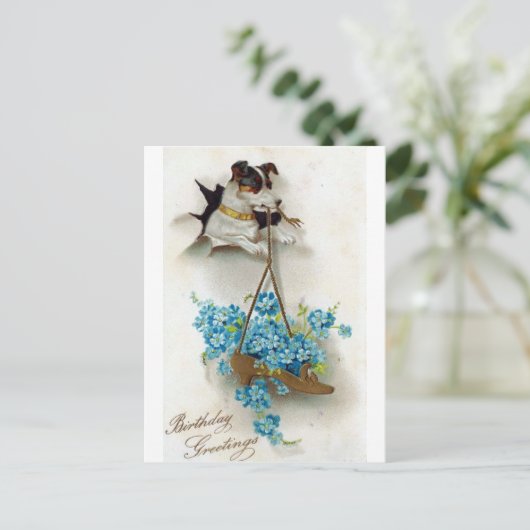 Verjaardagsgroeten met cute hond en schoen briefkaart (Staand voorkant)