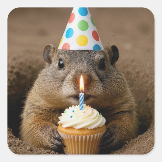 Verjaardagsgrondhoeder met een Cupcake Vierkante Sticker (Voorkant)