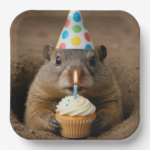 Verjaardagsgrondhond met een Cupcake Papieren Bordje