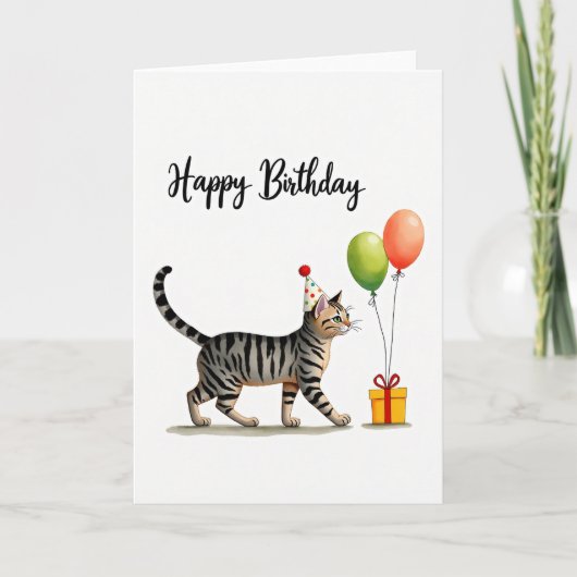 Verjaardagshoed voor Cute Cat Kaart (Voorkant)