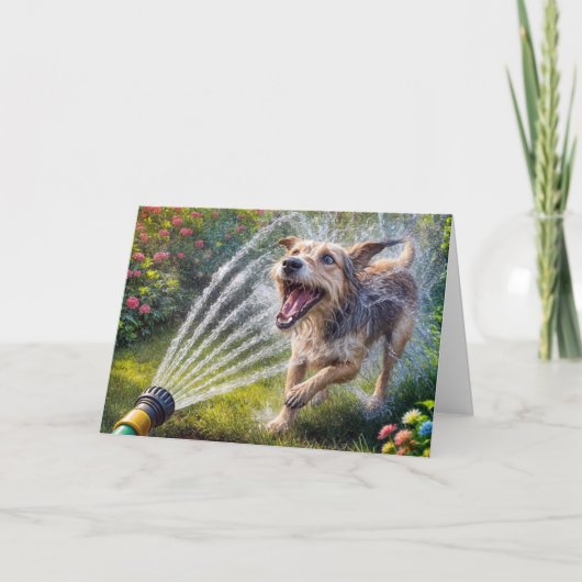 Verjaardagshond in waterspray van slang kaart (Voorkant)