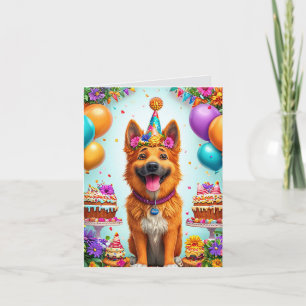 Verjaardagshond met cake en ballonnen